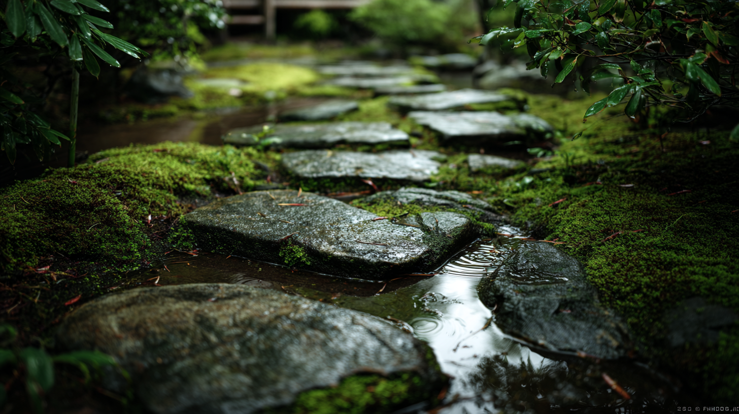 Moss-covered stone path with rainwater at Mossveil