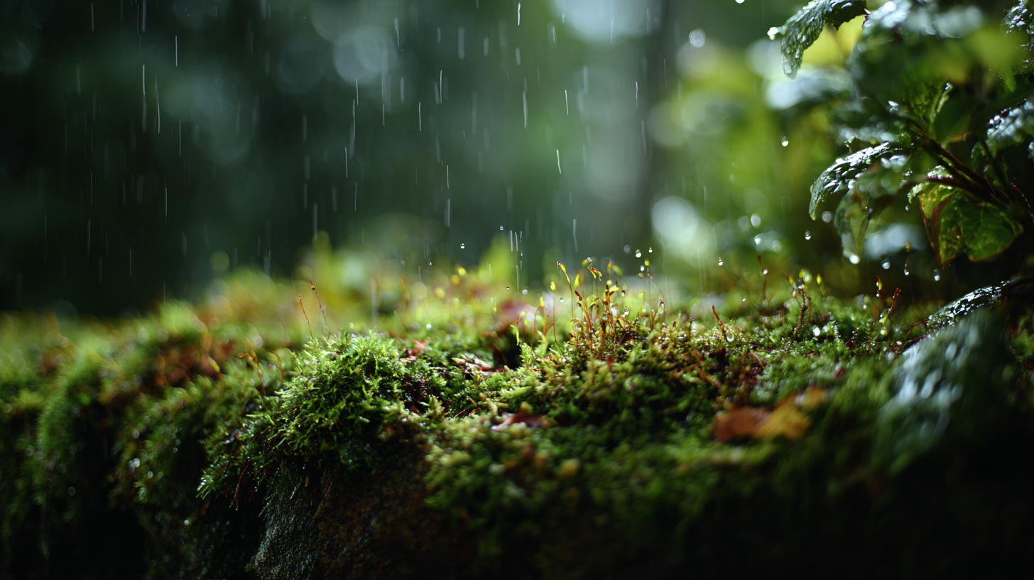 Rain falling on vivid moss in the forest