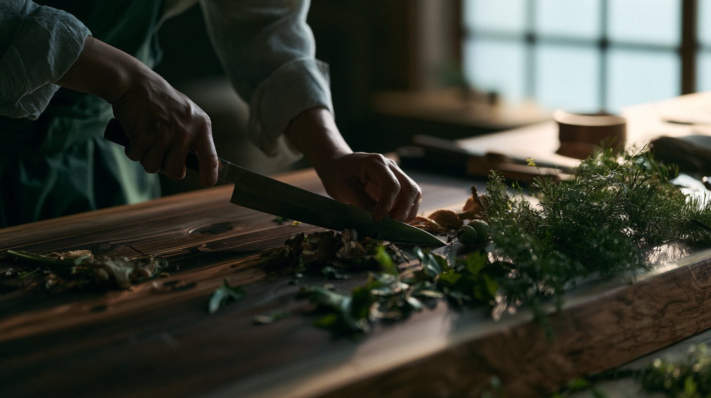 Preparing herbs and tea on a wooden table
