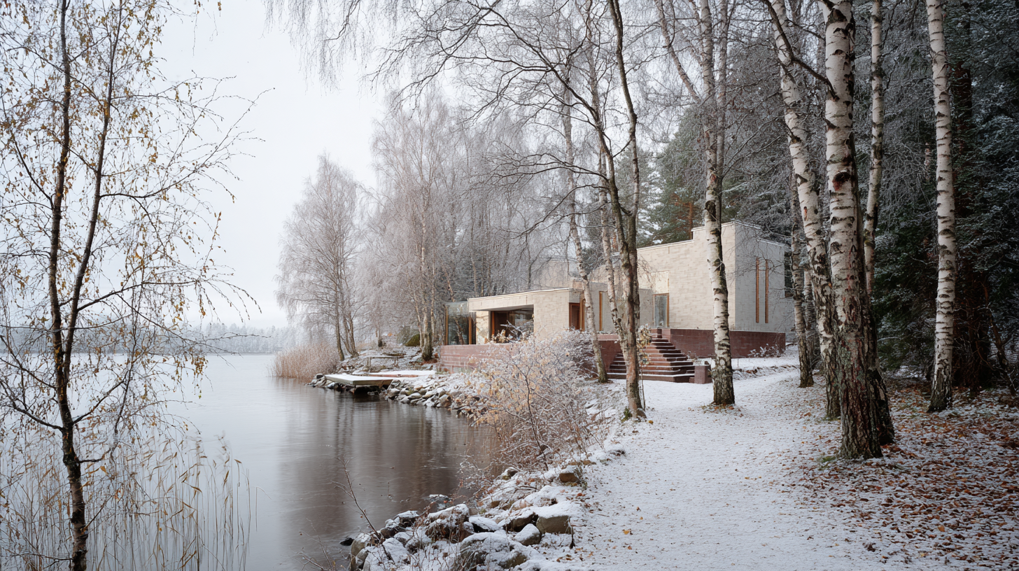 Fogveil lakeside building viewed across the landscape