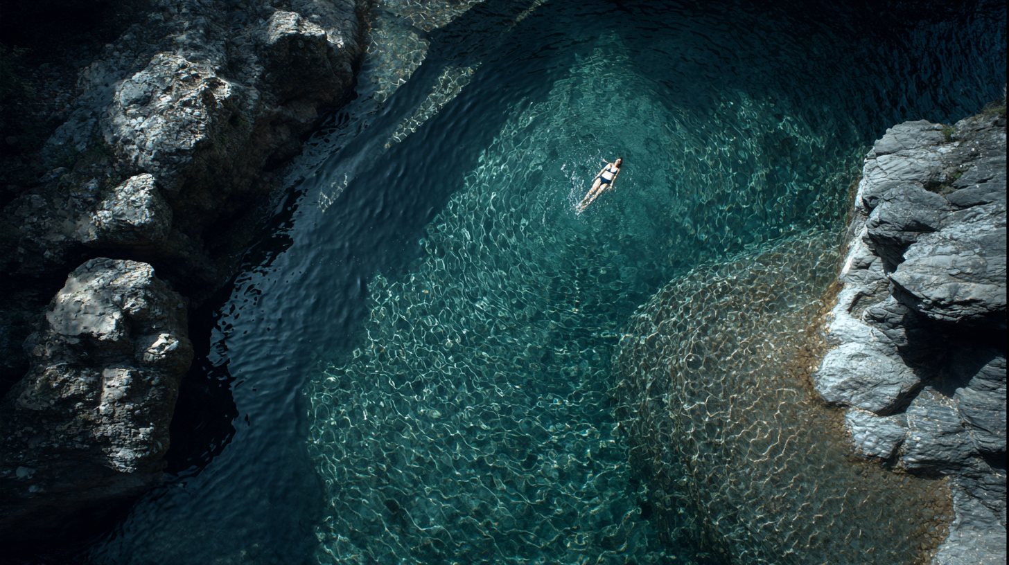 Swimmer in a turquoise mineral pool viewed from above