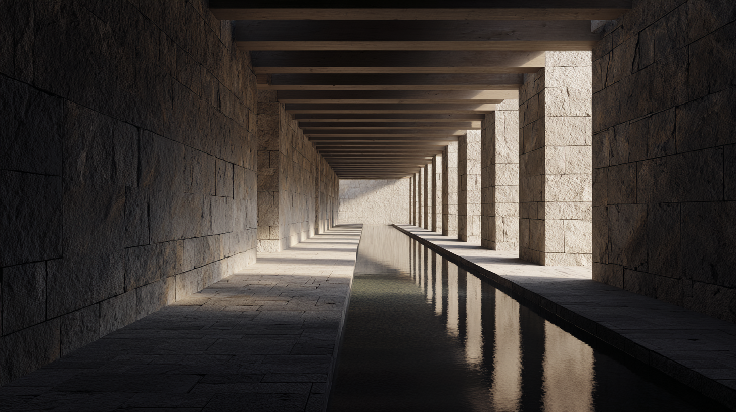 Stone colonnade and reflecting pool at Stoneveil