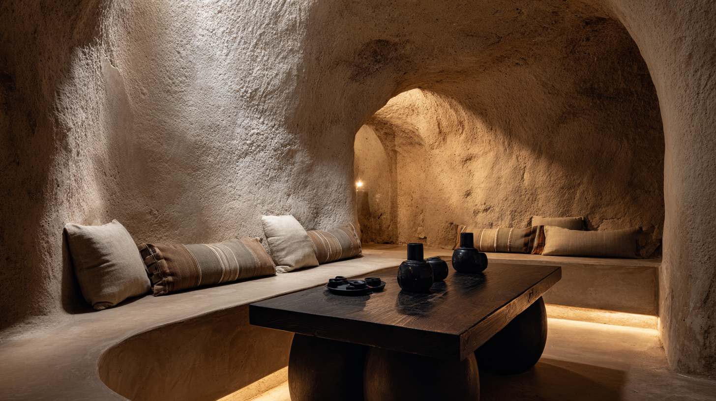 Cave-like stone lounge with warm ambient light