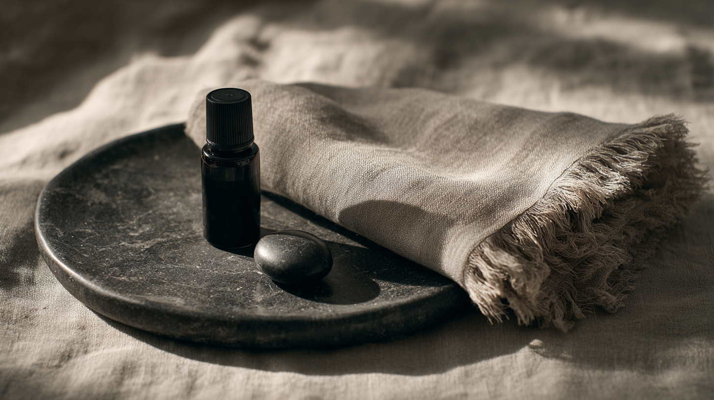 Aromatherapy oil, smooth stone and linen at Stoneveil