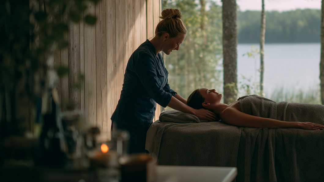 Massage treatment in a quiet Fogveil lakeside cabin